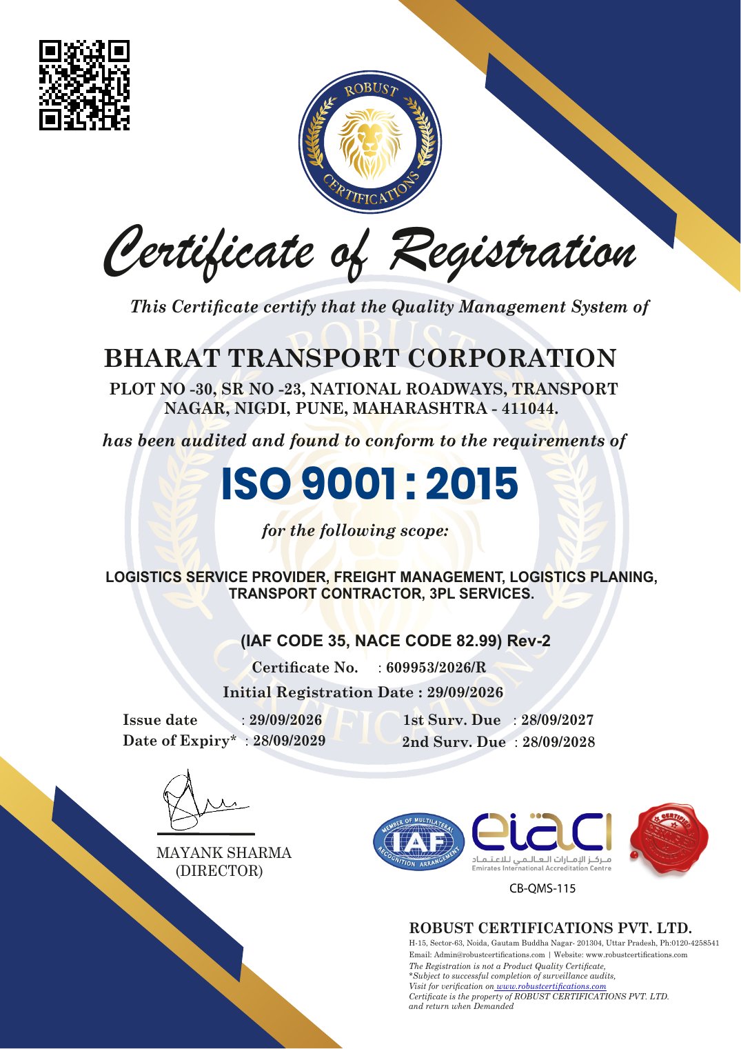 Bharat Transport Corporation ISO 9001:2015 Certificate
